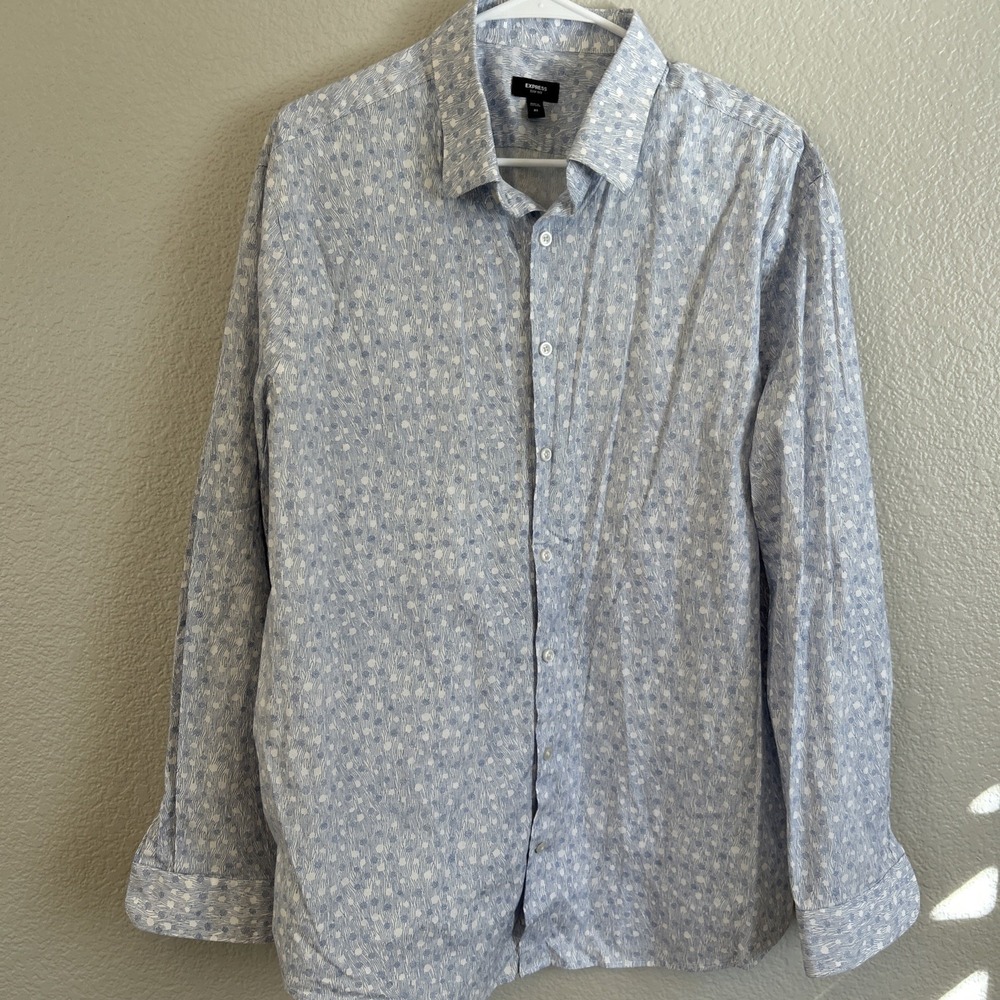Express Shirt Mens XLarge White Blue Slim 1MX Button Down Pattern